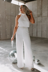 Newinlook White High-Neck Strapless Jumpsuit With Beaded Belt Jump Suit
